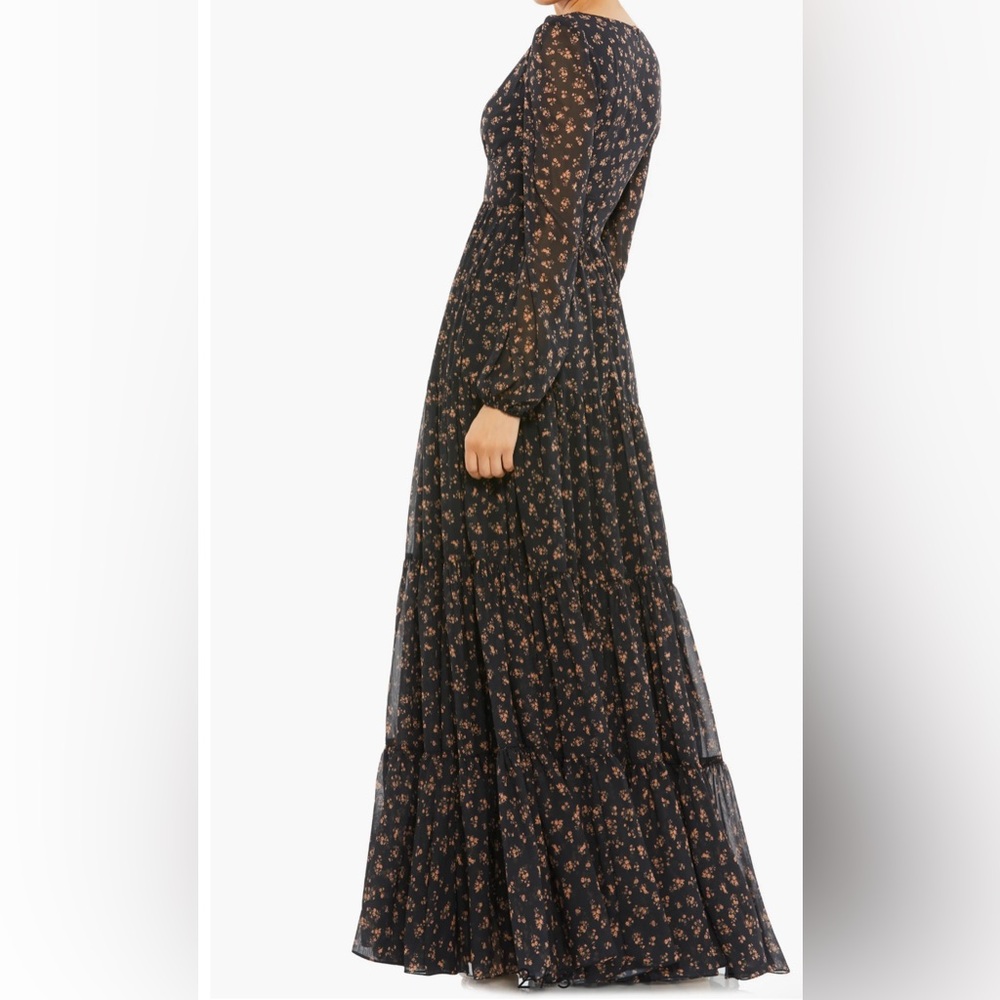 Mac Duggal Black Floral Long Sleeve Chiffon A-Line Gown Sz 2 NEW - Picture 2 of 14